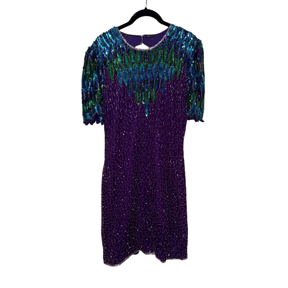 Vintage 80's‎ Stenay Purple 100% silk sequin beaded dress